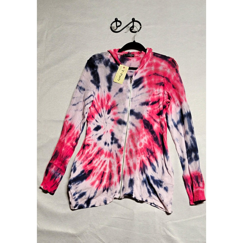 T-Party Women's XL Pink/Blue/White Tie Dye Waffle Knit Full Zip Hoodie